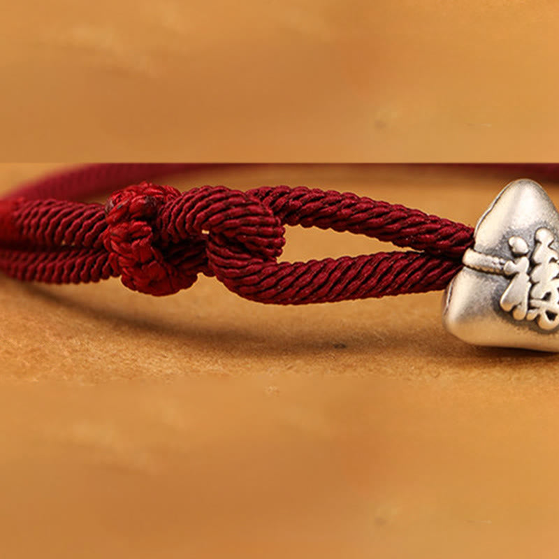 Buddha Stones Pulsera de cuerda de la suerte Zongzi con personaje Fu en plata de ley 999 - image 10