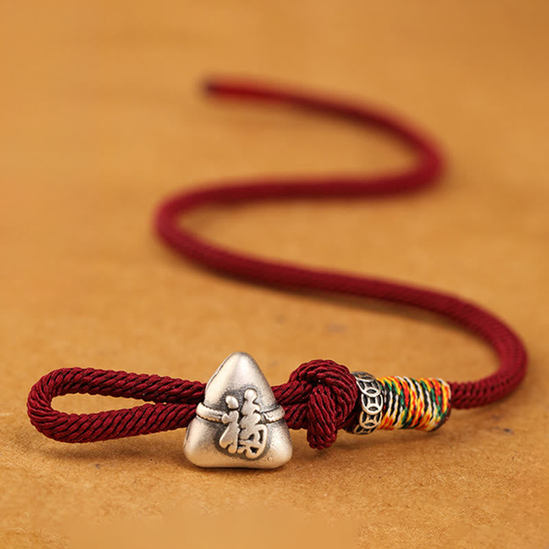 Buddha Stones Pulsera de cuerda de la suerte Zongzi con personaje Fu en plata de ley 999 - image 2
