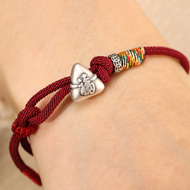 Buddha Stones Pulsera de cuerda de la suerte Zongzi con personaje Fu en plata de ley 999 - image 4