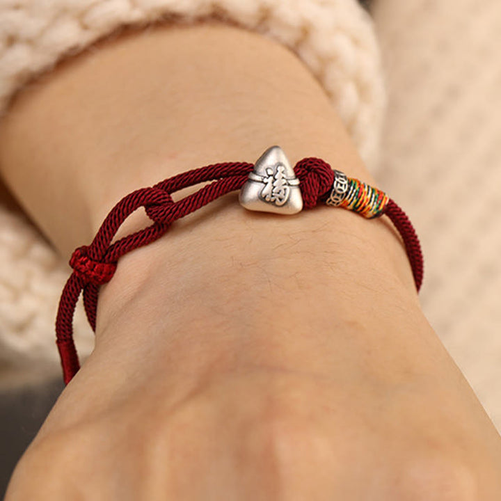 Buddha Stones Pulsera de cuerda de la suerte Zongzi con personaje Fu en plata de ley 999 - image 11