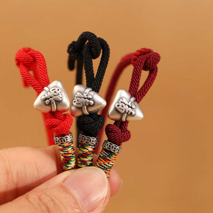 Buddha Stones Pulsera de cuerda de la suerte Zongzi con personaje Fu en plata de ley 999 - image 1