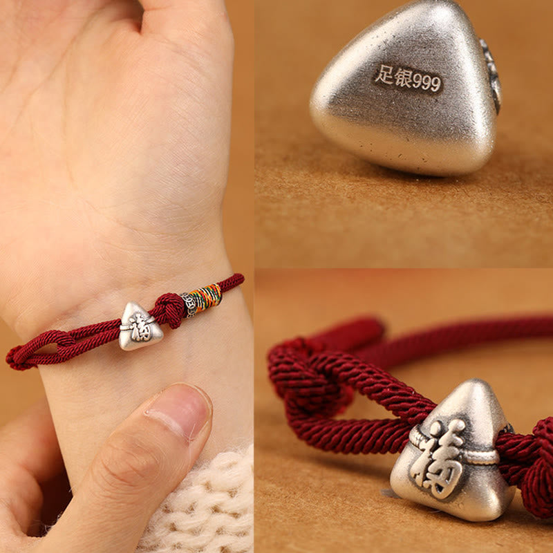 Buddha Stones Pulsera de cuerda de la suerte Zongzi con personaje Fu en plata de ley 999 - image 12