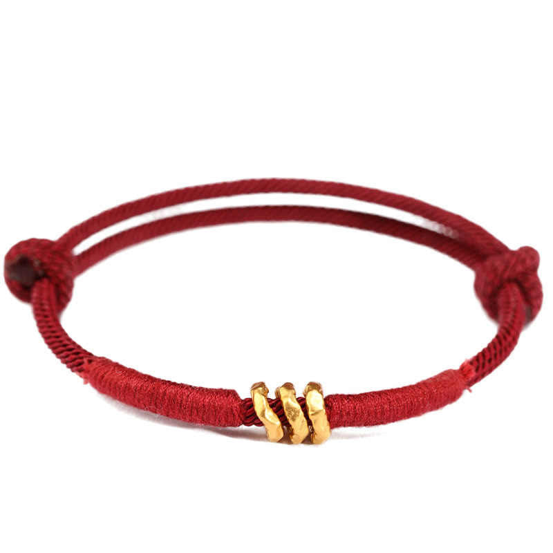 Buddha Stones Pulsera de tobillo trenzada de cuerda roja de la suerte hecha a mano con diseño de anillo de oro 999 - image 7