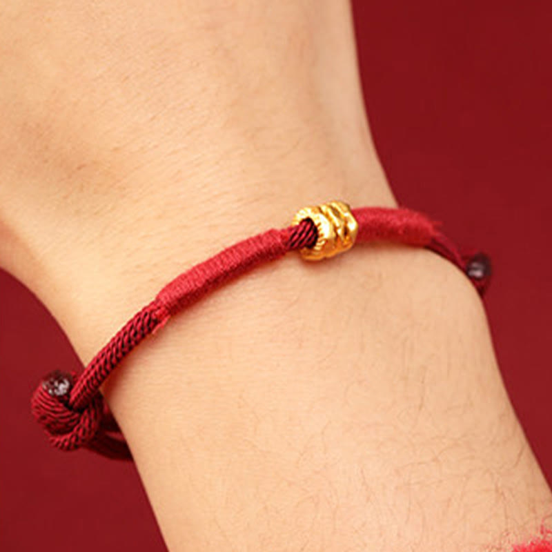 Buddha Stones Pulsera de tobillo trenzada de cuerda roja de la suerte hecha a mano con diseño de anillo de oro 999 - image 3
