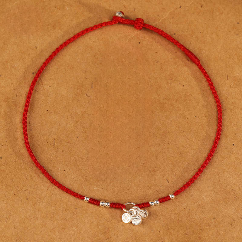 Buddha Stones Pulsera tobillera ultrafina con diseño de monedas de cobre y plata de ley 925 hecha a mano. - Pulsera roja (circunferencia de muñeca 14-18 cm) - image 7