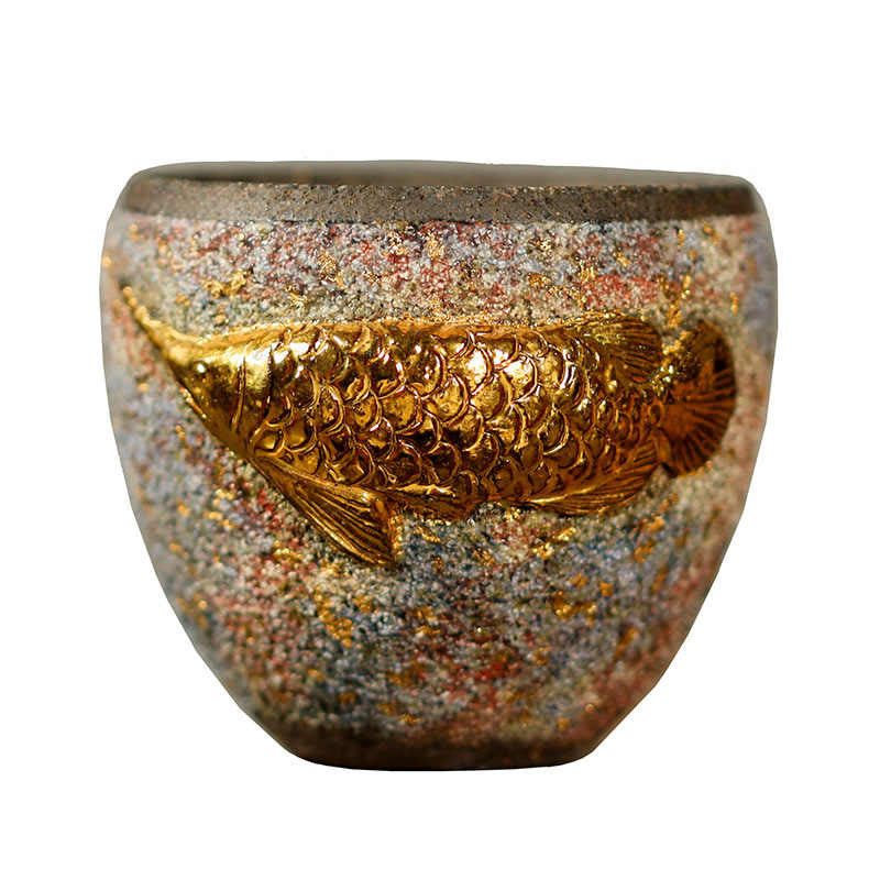 Buddha Stones Taza de té de cerámica con forma de pez koi Arowana dorado, taza de té Kung Fu - image 9