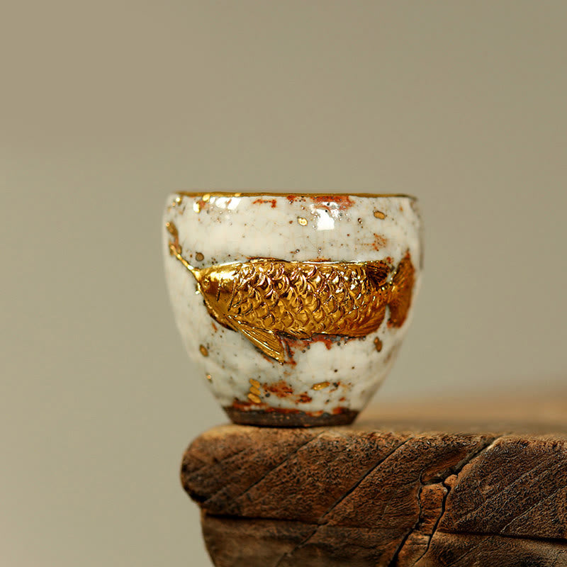 Buddha Stones Tetera de cerámica con forma de pez koi Arowana dorado hecha a mano - Taza 6,5 ​​cm x 6,1 cm x 100 ml - image 0
