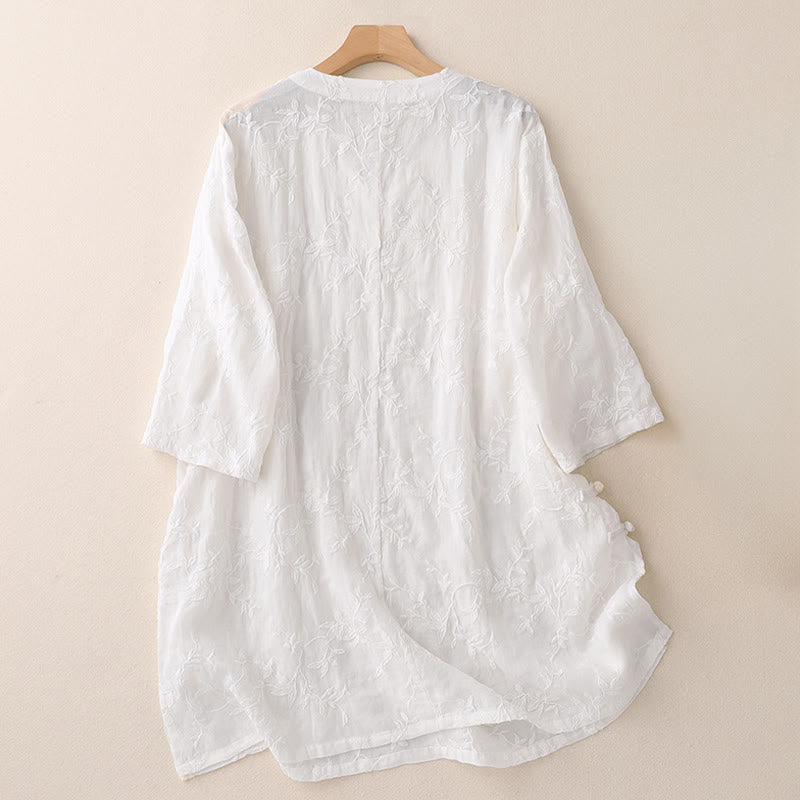 Buddha Stones Camisa de algodón para mujer con cuello en V, manga larga y estampado de hojas de primavera - image 10