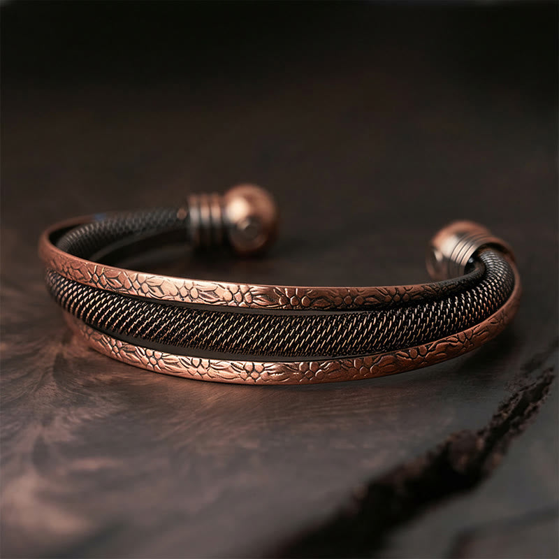 Buddha Stones Brazalete abierto de cobre trenzado con diseño de flores texturizadas retro para la suerte - Estampado (diámetro interior: 59 mm) - image 6