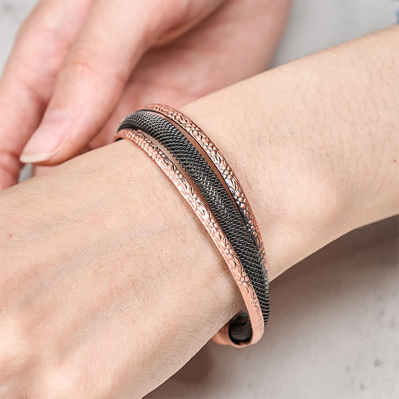 Buddha Stones Brazalete abierto de cobre trenzado con diseño de flores texturizadas retro para la suerte - image 9