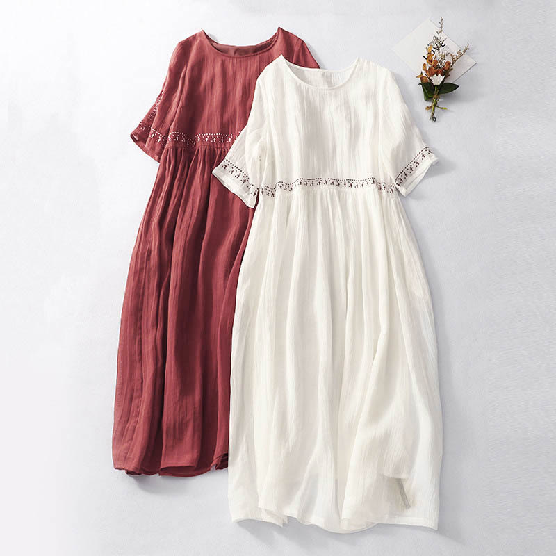 Vestido midi de algodón de manga corta con bordado de Buddha Stones en color liso y bolsillos. - image 0
