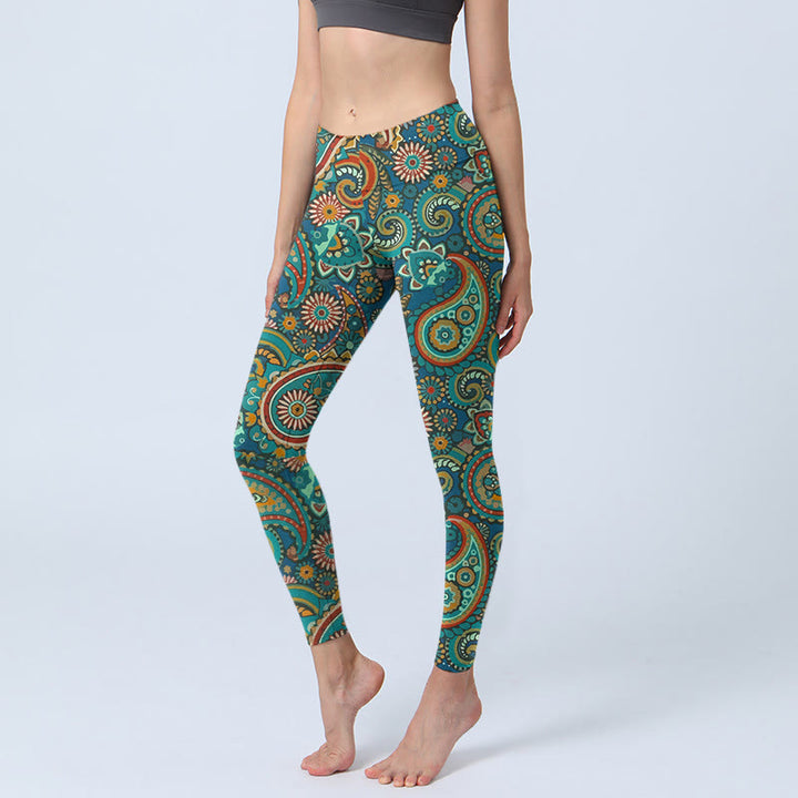 Buddha Stones Leggings de gimnasio con estampado retro de cachemira para mujer - Azul acero - US18，UK/AU22，EU50 (4XL) - image 0