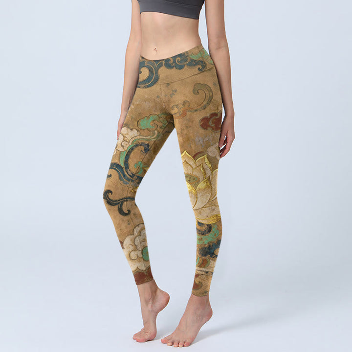 Buddha Stones Leggings de yoga para mujer con estampado tradicional de flor de loto y nubes - vara de oro - US18，UK/AU22，EU50 (4XL) - image 0