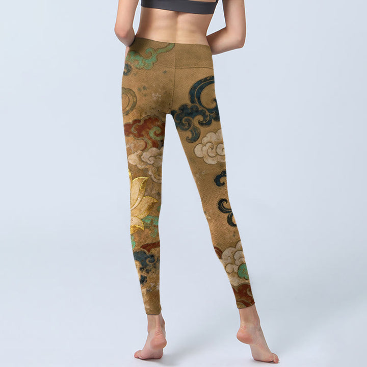 Buddha Stones Leggings de yoga para mujer con estampado tradicional de flor de loto y nubes - image 6