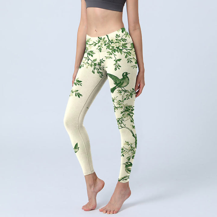 Buddha Stones Leggings de yoga para mujer con estampado de árbol fresco, flores, hojas y pájaros - Beige - US18，UK/AU22，EU50 (4XL) - image 0