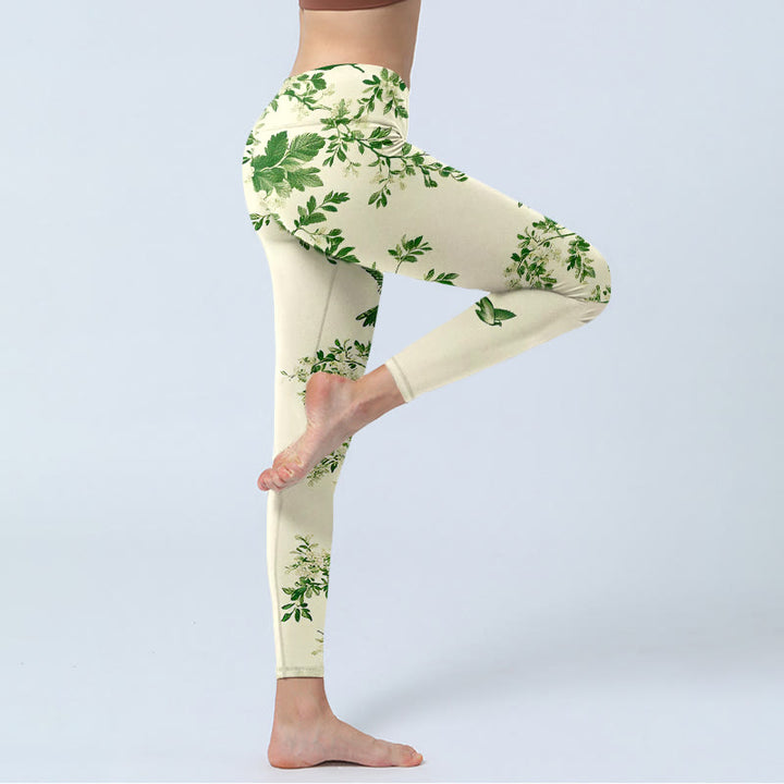 Buddha Stones Leggings de yoga para mujer con estampado de árbol fresco, flores, hojas y pájaros - image 3