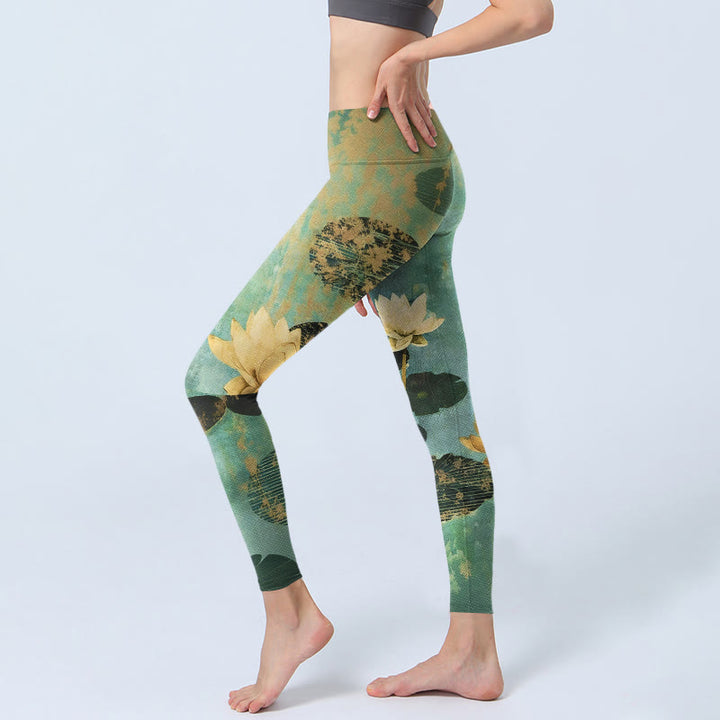 Buddha Stones Leggings de yoga para mujer con estampado clásico de flor de loto y hojas - image 2