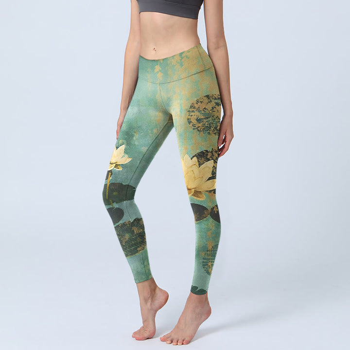 Buddha Stones Leggings de yoga para mujer con estampado clásico de flor de loto y hojas - Aguamarina medio - US18，UK/AU22，EU50 (4XL) - image 0