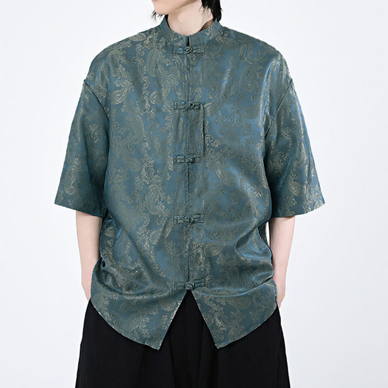 Buddha Stones Camisa de verano para hombre con media manga y estampado de flores y hojas de parra - image 1