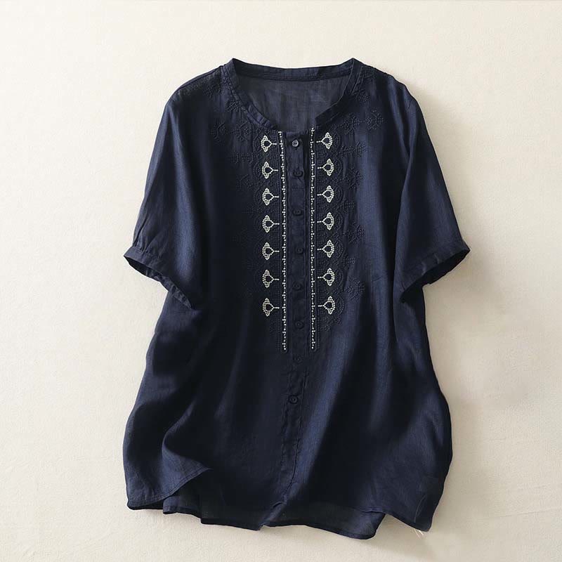 Buddha Stones Camisa de poliéster de manga corta con cuello redondo y estampado floral de verano para mujer - Azul medianoche - US12, UK/AU16, EU44 (2XL) - image 0