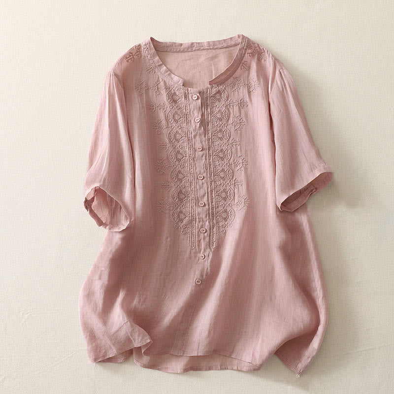 Buddha Stones Camisa de poliéster de manga corta con cuello redondo y estampado floral de verano para mujer - Rosa - US12, UK/AU16, EU44 (2XL) - image 5