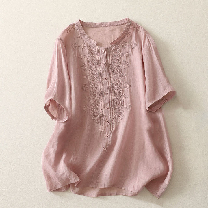 Buddha Stones Camisa de poliéster de manga corta con cuello redondo y estampado floral de verano para mujer - Rosa - US12, UK/AU16, EU44 (2XL) - image 5