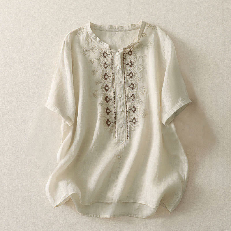 Buddha Stones Camisa de poliéster de manga corta con cuello redondo y estampado floral de verano para mujer - Beige - US12, UK/AU16, EU44 (2XL) - image 14