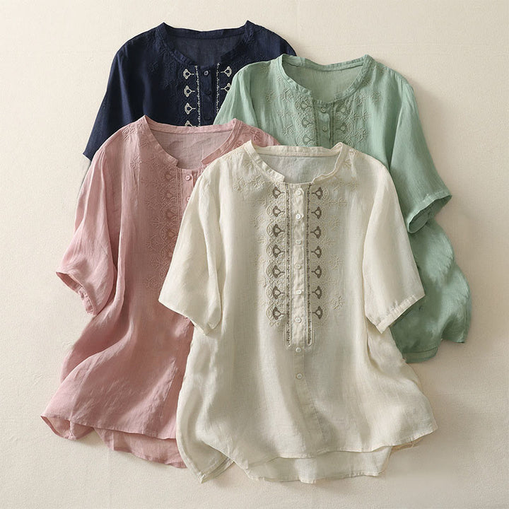Buddha Stones Camisa de poliéster de manga corta con cuello redondo y estampado floral de verano para mujer - image 23