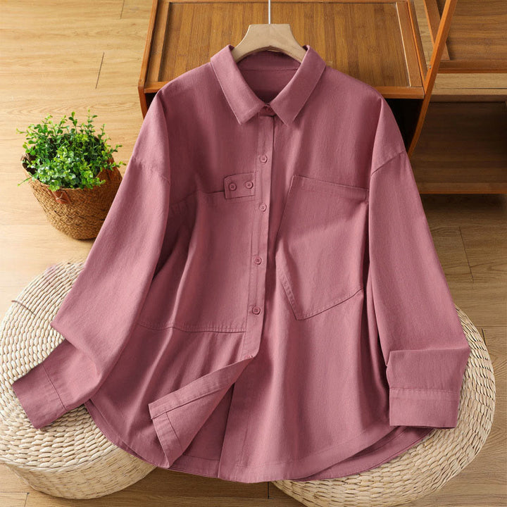 Buddha Stones Camisa de algodón de manga larga para mujer con solapa lisa y bolsillos de primavera - Rosa oscuro - US12, UK/AU16, EU44 (2XL) - image 0