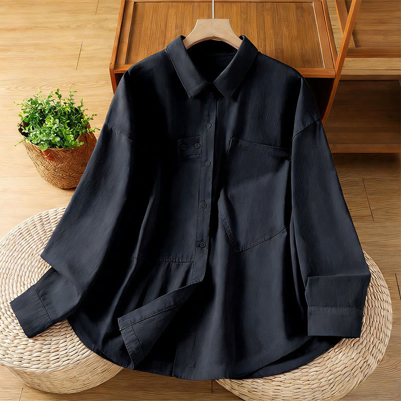 Buddha Stones Camisa de algodón de manga larga para mujer con solapa lisa y bolsillos de primavera - Negro - US12, UK/AU16, EU44 (2XL) - image 10