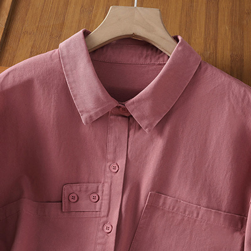 Buddha Stones Camisa de algodón de manga larga para mujer con solapa lisa y bolsillos de primavera - image 3