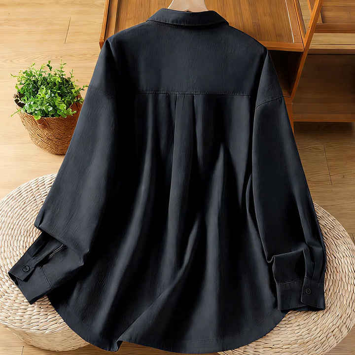 Buddha Stones Camisa de algodón de manga larga para mujer con solapa lisa y bolsillos de primavera - image 11