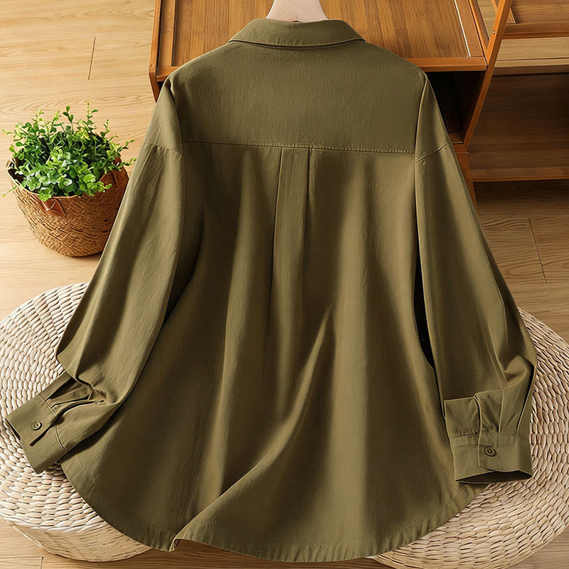 Buddha Stones Camisa de algodón de manga larga para mujer con solapa lisa y bolsillos de primavera - image 27