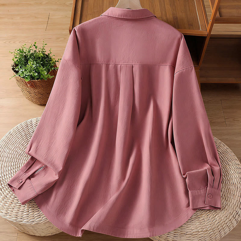 Buddha Stones Camisa de algodón de manga larga para mujer con solapa lisa y bolsillos de primavera - image 2