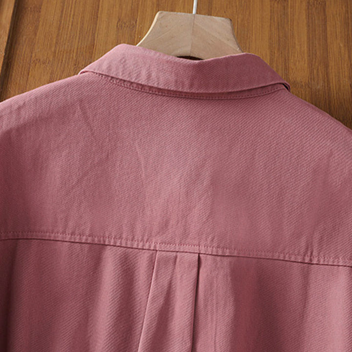 Buddha Stones Camisa de algodón de manga larga para mujer con solapa lisa y bolsillos de primavera - image 8