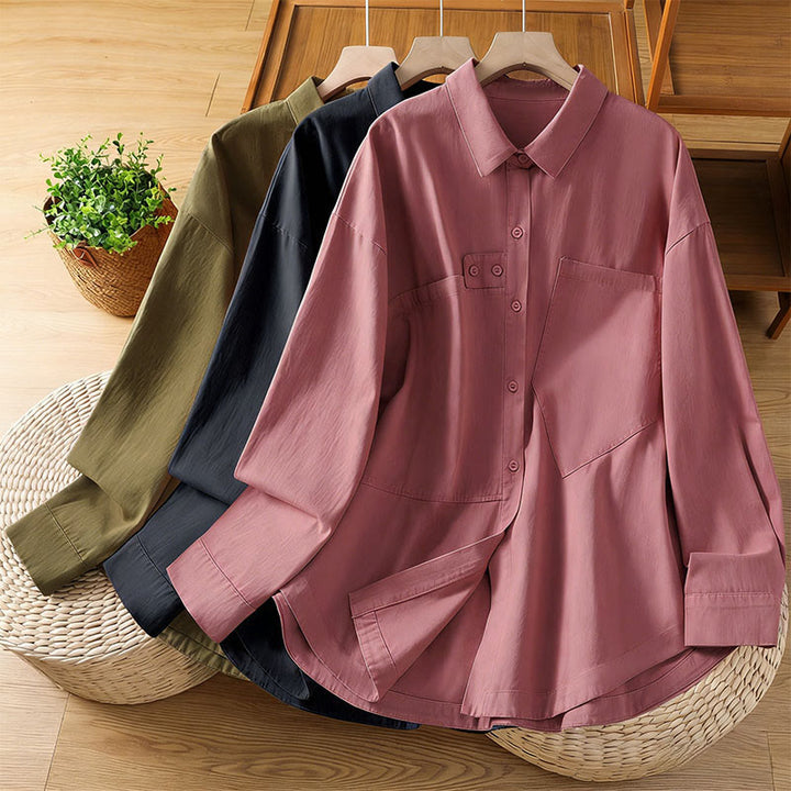 Buddha Stones Camisa de algodón de manga larga para mujer con solapa lisa y bolsillos de primavera - image 29
