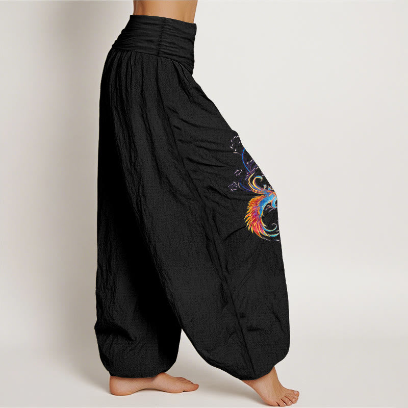 Buddha Stones Pantalones harén de algodón puro con cintura elástica y estampado de fénix para mujer - image 2
