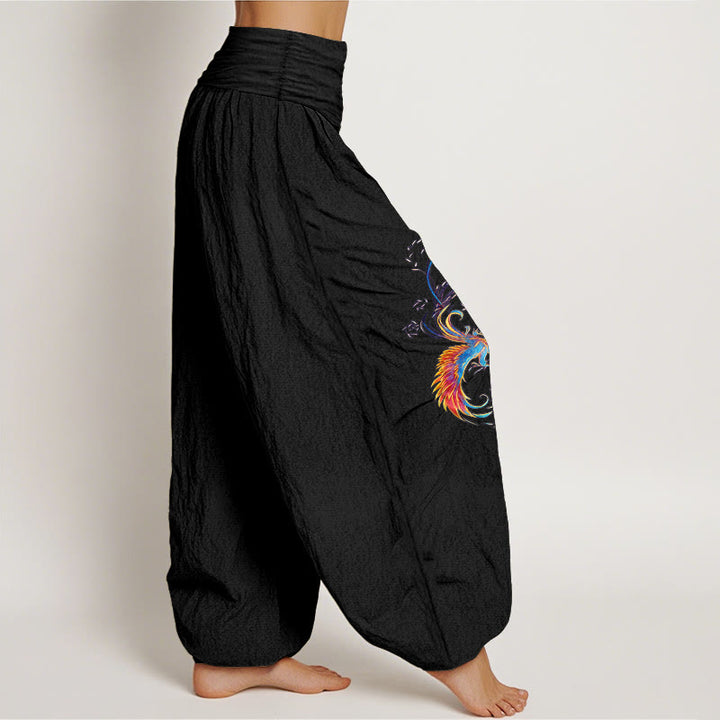Buddha Stones Pantalones harén de algodón puro con cintura elástica y estampado de fénix para mujer - image 2