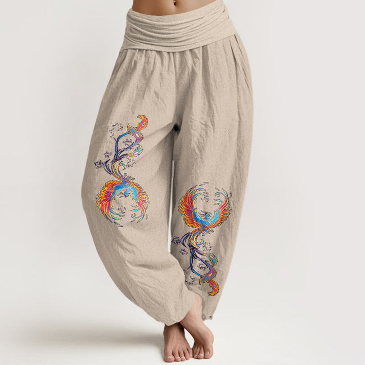 Buddha Stones Pantalones harén de algodón puro con cintura elástica y estampado de fénix para mujer - Broncearse - US16，UK/AU20，EU48 (3XL) - image 11