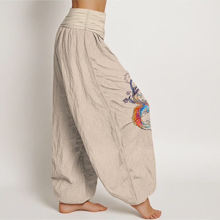 Buddha Stones Pantalones harén de algodón puro con cintura elástica y estampado de fénix para mujer - image 13