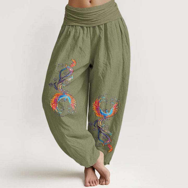 Buddha Stones Pantalones harén de algodón puro con cintura elástica y estampado de fénix para mujer - Verde oliva - US16，UK/AU20，EU48 (3XL) - image 14
