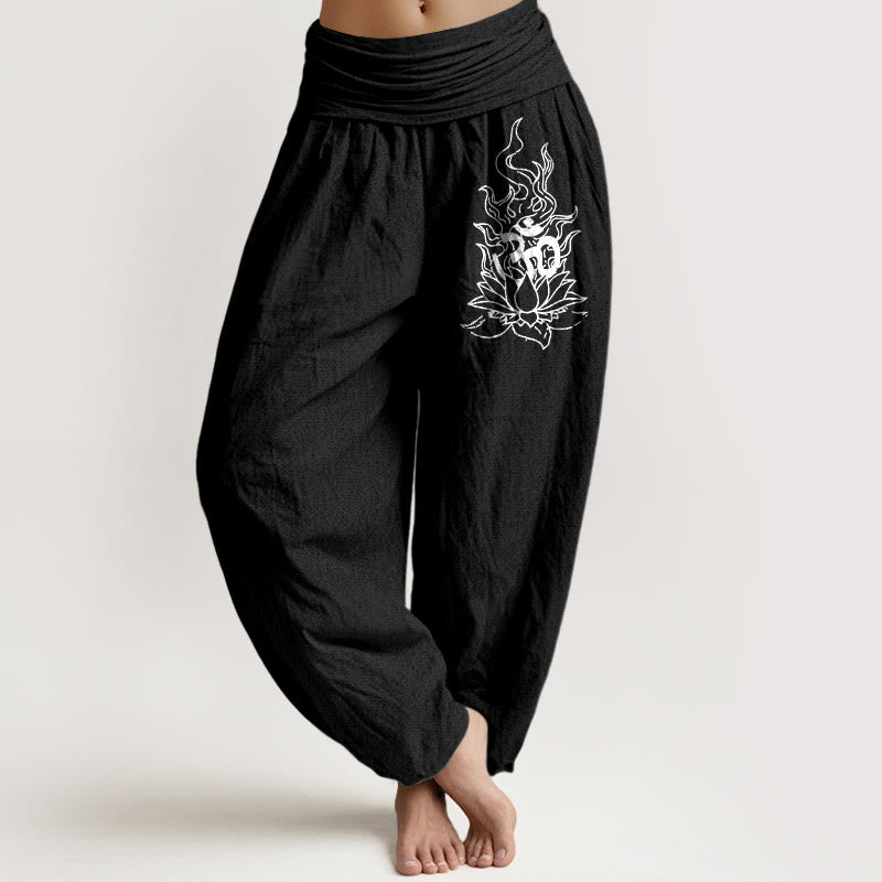 Buddha Stones Pantalones harén de algodón puro con diseño minimalista, símbolo Om, estampado de llama de loto, cintura elástica para mujer - Negro - US16，UK/AU20，EU48 (3XL) - image 5