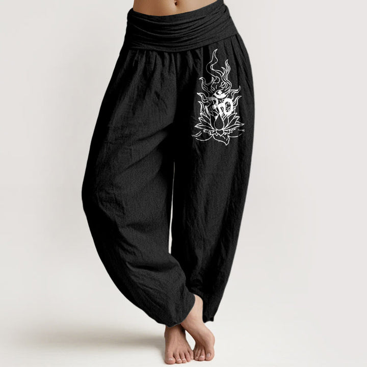 Buddha Stones Pantalones harén de algodón puro con diseño minimalista, símbolo Om, estampado de llama de loto, cintura elástica para mujer - Negro - US16，UK/AU20，EU48 (3XL) - image 5