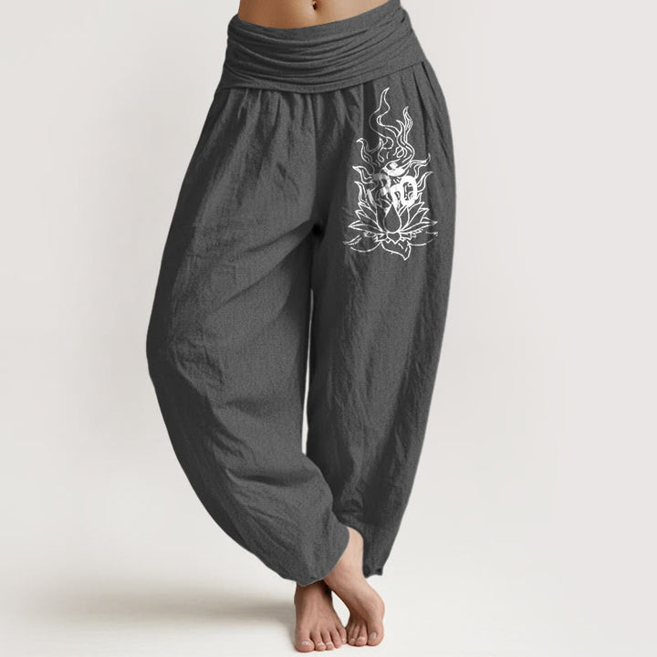 Buddha Stones Pantalones harén de algodón puro con diseño minimalista, símbolo Om, estampado de llama de loto, cintura elástica para mujer - image 8