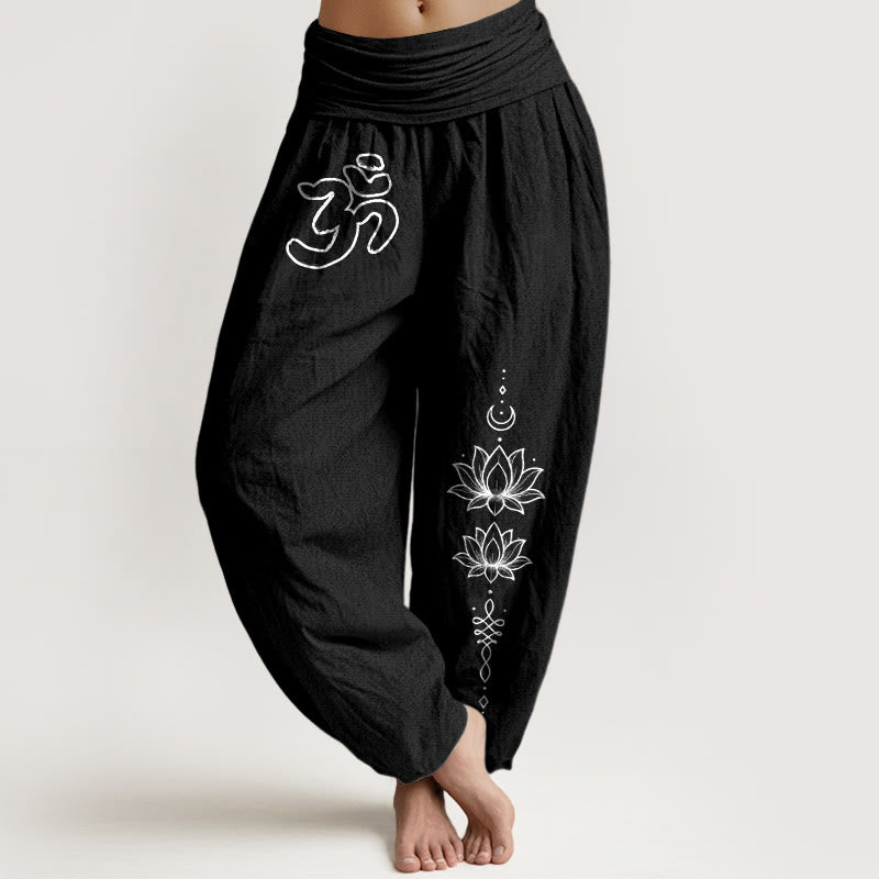 Buddha Stones Pantalones harén de algodón puro con diseño minimalista, símbolo Om, estampado de loto y luna, para mujer, cintura elástica - Negro - US16，UK/AU20，EU48 (3XL) - image 0