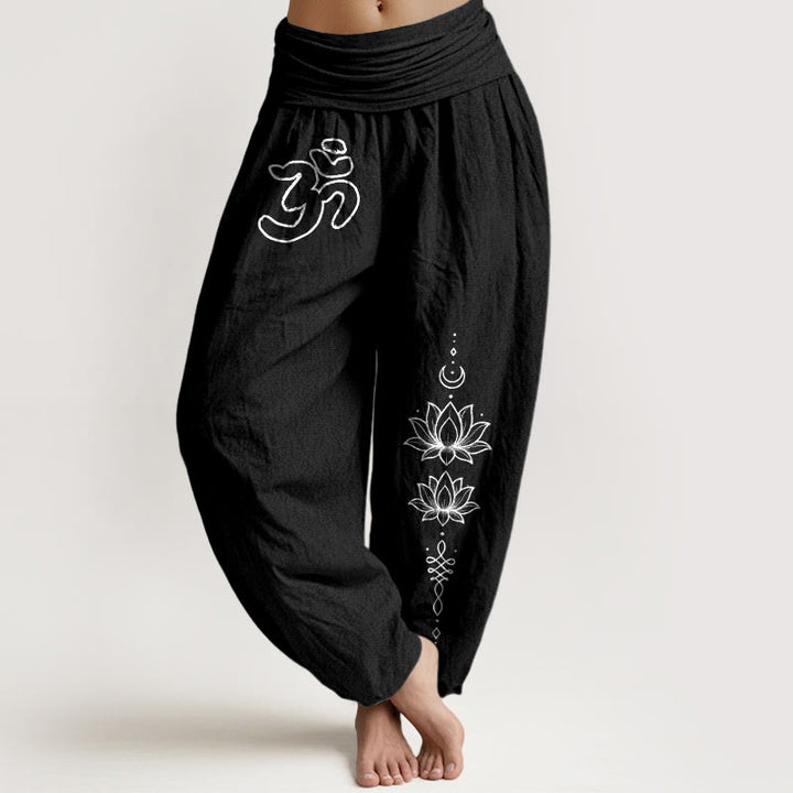 Buddha Stones Pantalones harén de algodón puro con diseño minimalista, símbolo Om, estampado de loto y luna, para mujer, cintura elástica - Negro - US16，UK/AU20，EU48 (3XL) - image 0