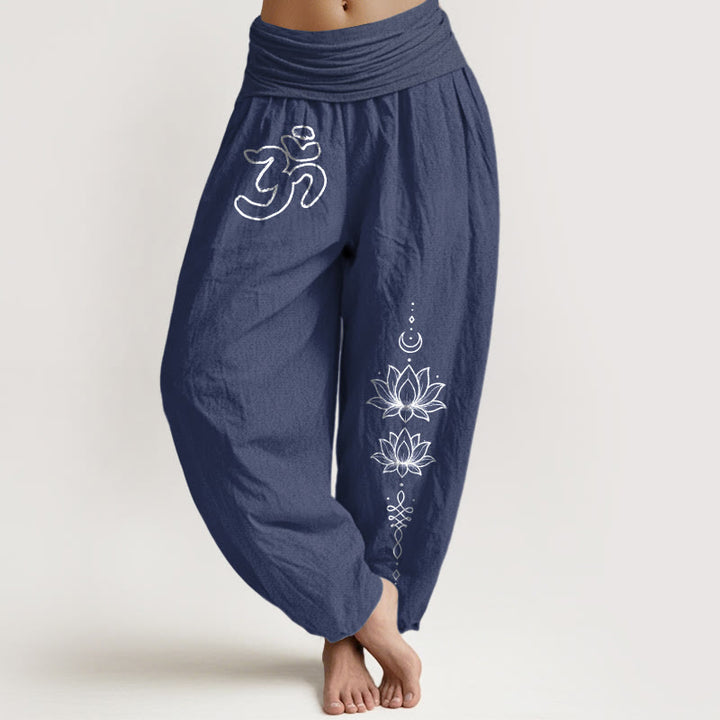 Buddha Stones Pantalones harén de algodón puro con diseño minimalista, símbolo Om, estampado de loto y luna, para mujer, cintura elástica - Azul pizarra oscuro - US16，UK/AU20，EU48 (3XL) - image 5