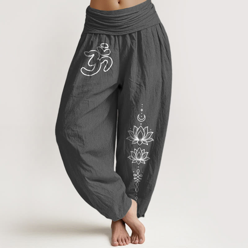 Buddha Stones Pantalones harén de algodón puro con diseño minimalista, símbolo Om, estampado de loto y luna, para mujer, cintura elástica - Gris oscuro - US16，UK/AU20，EU48 (3XL) - image 8
