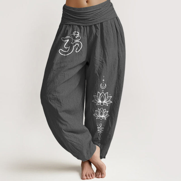 Buddha Stones Pantalones harén de algodón puro con diseño minimalista, símbolo Om, estampado de loto y luna, para mujer, cintura elástica - Gris oscuro - US16，UK/AU20，EU48 (3XL) - image 8