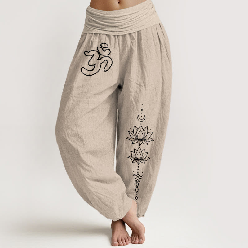 Buddha Stones Pantalones harén de algodón puro con diseño minimalista, símbolo Om, estampado de loto y luna, para mujer, cintura elástica - Broncearse - US16，UK/AU20，EU48 (3XL) - image 11